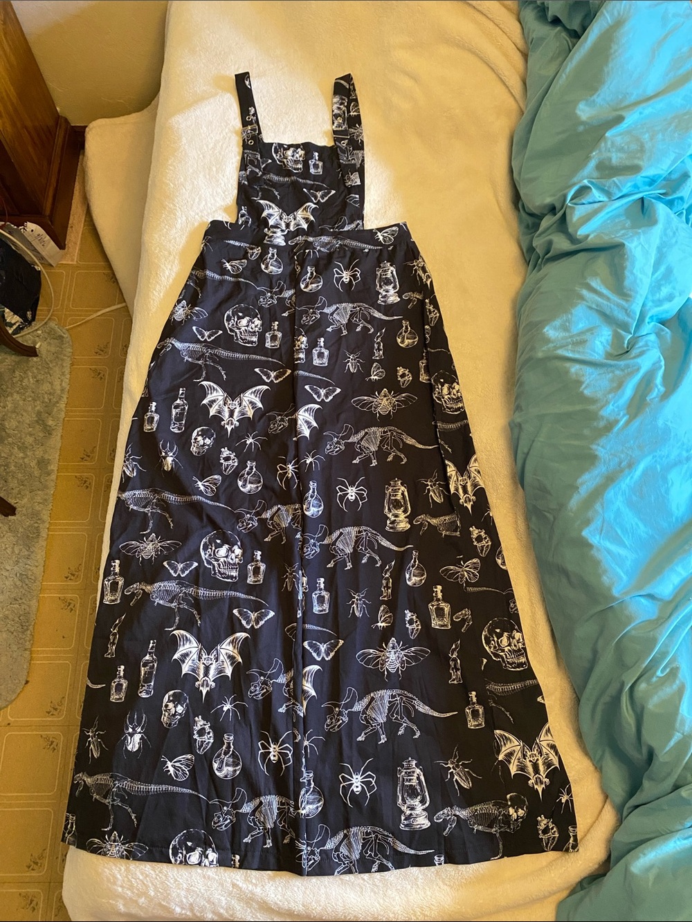 Women’s Black Halloween Print wide legged pants with Adjustable Straps